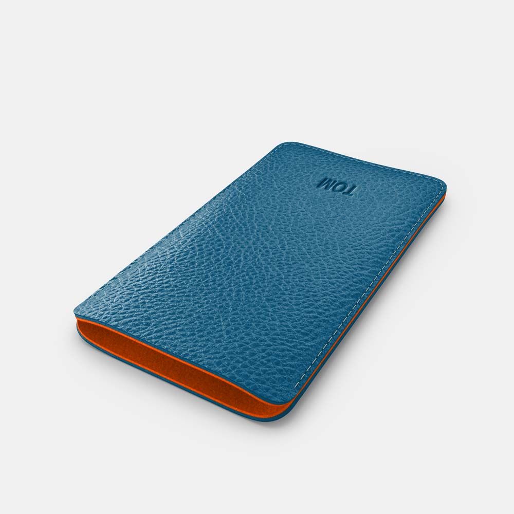 Leather iPhone 14 Plus Sleeve - Turquoise Blue and Orange