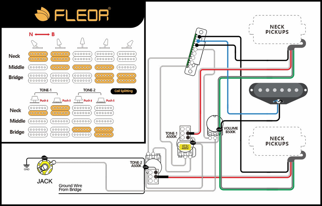 HSH Guitar Pickup Wiring Diagram -2T1V(Coil Splitting)