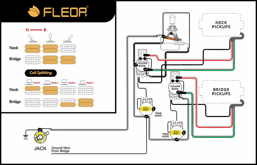 FLEOR LP Guitar Pickup Wiring Diagram -2T2V (Coil Splitting)