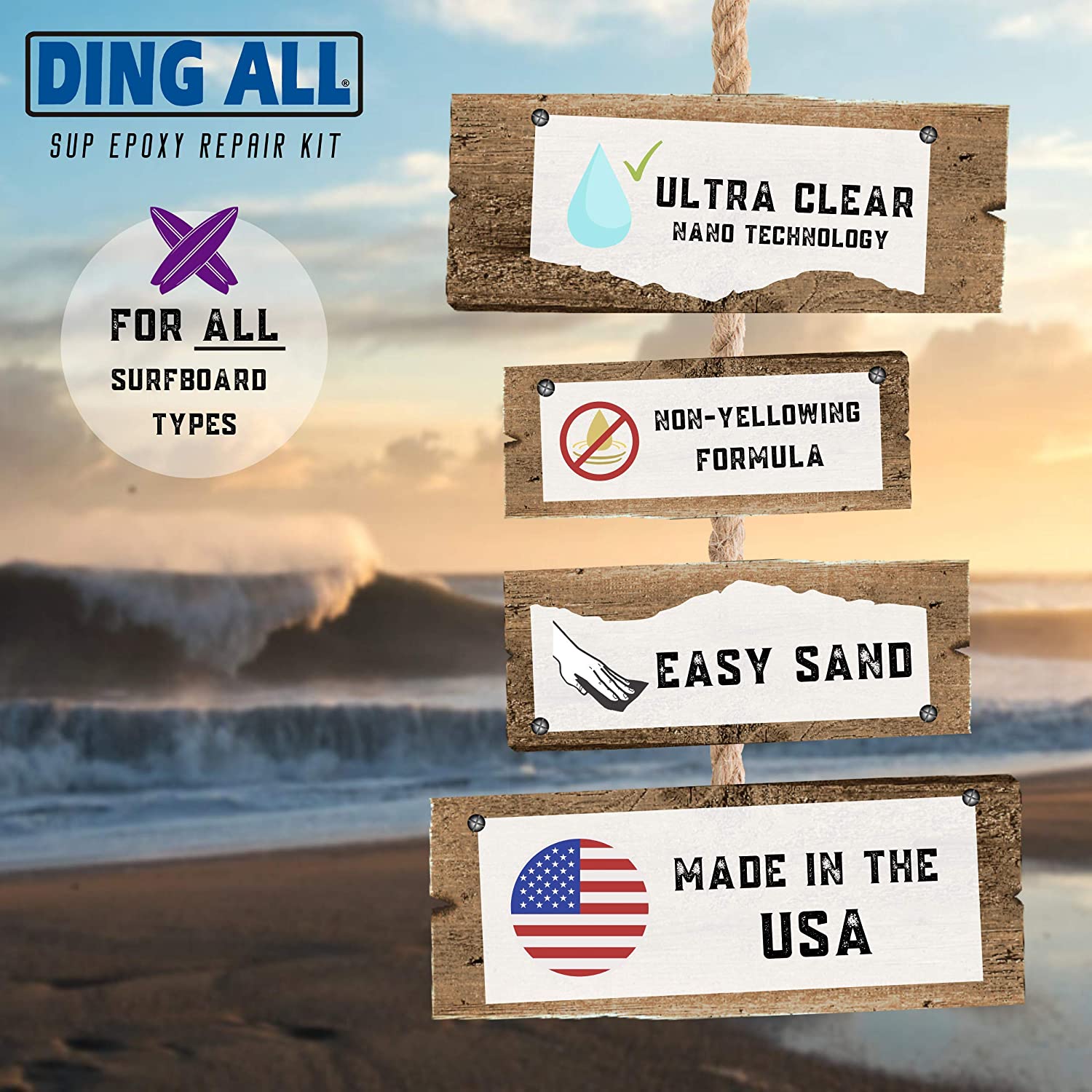 Ding All Super Stand Up Paddle Board (SUP) Epoxy Repair Kit with a Superior, Eco-Friendly and Non Yellowing Formula for Small to Medium Ding Repairs