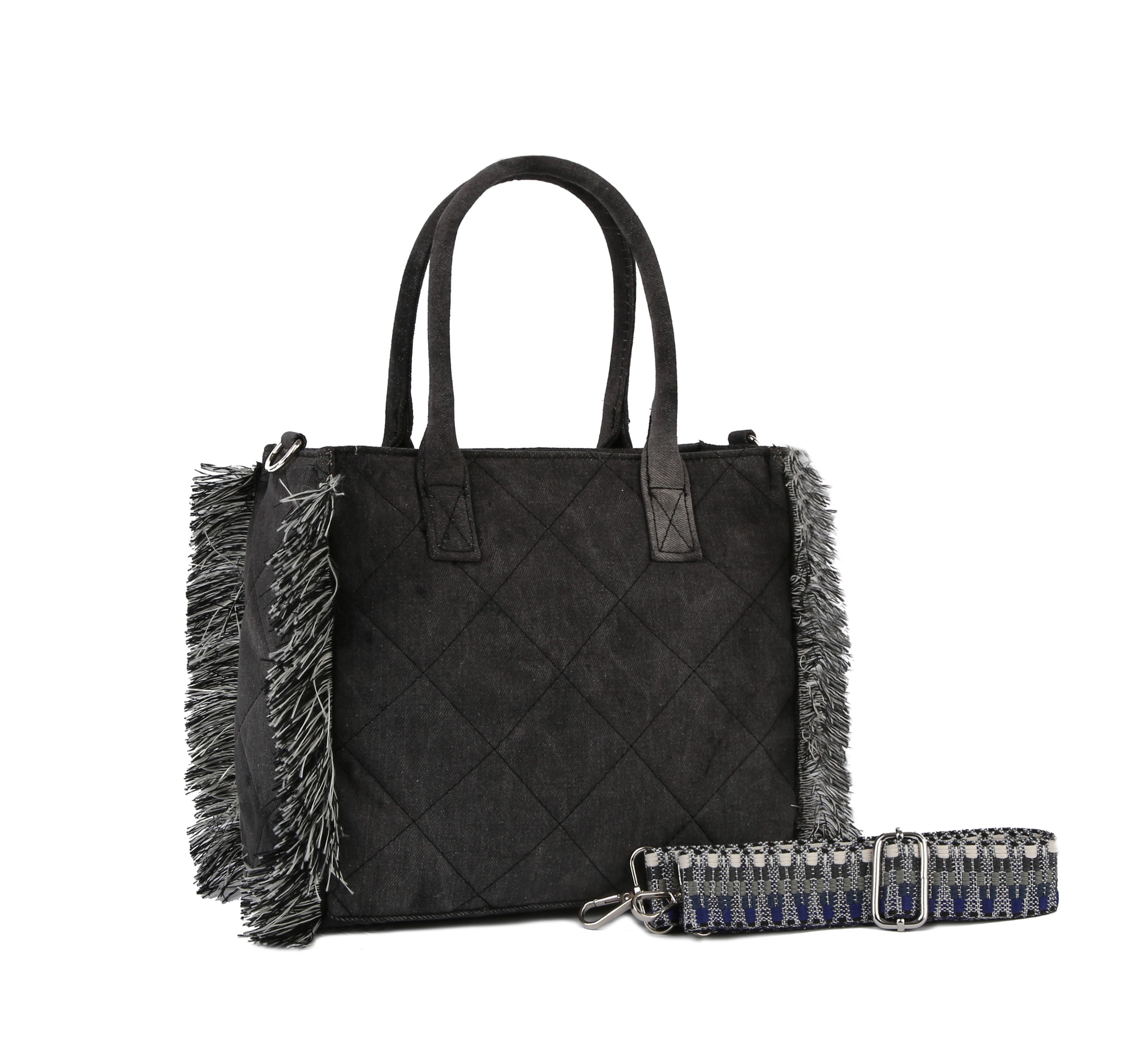 Quilted fringe washed denim tote