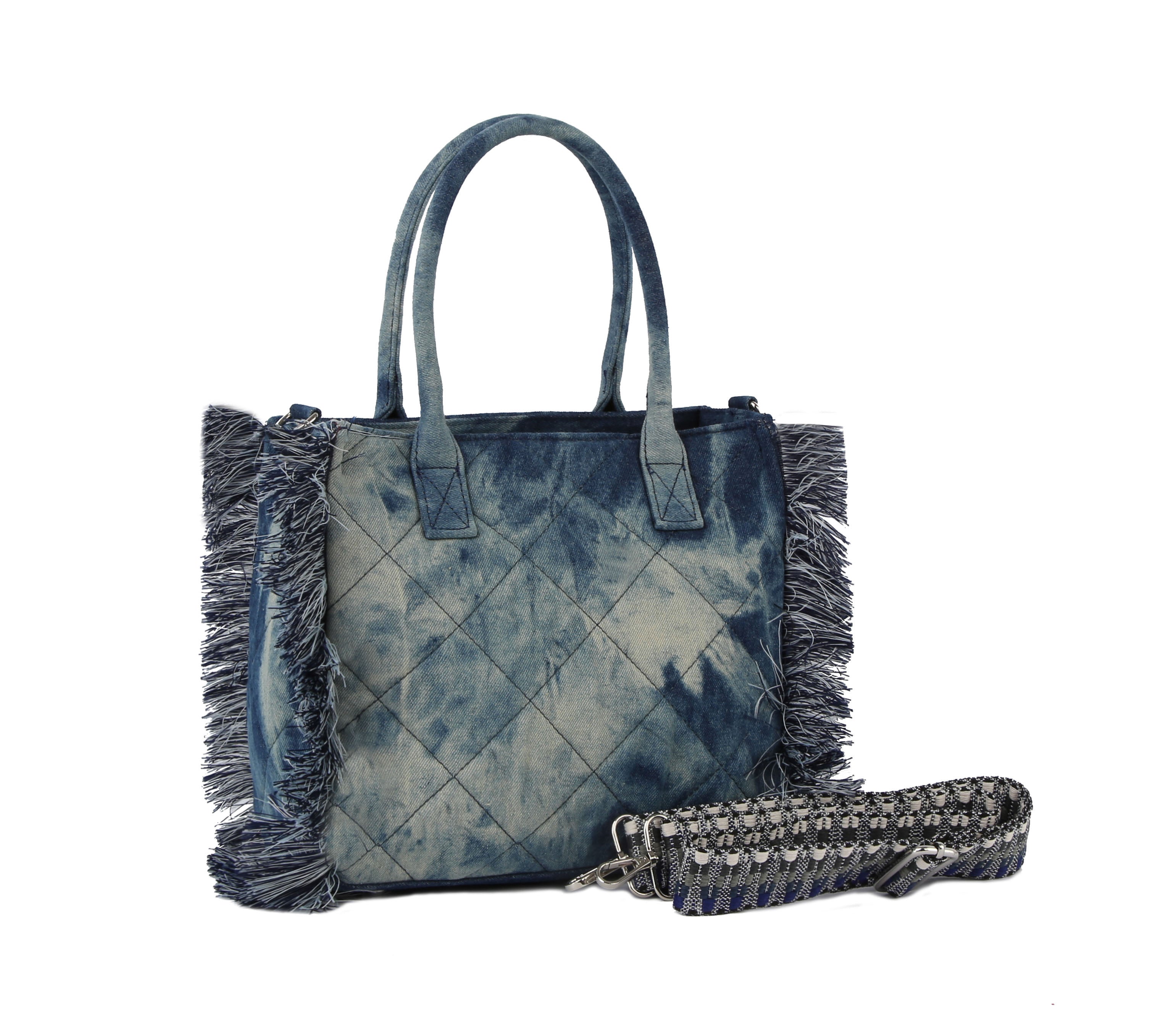 Quilted fringe washed denim tote