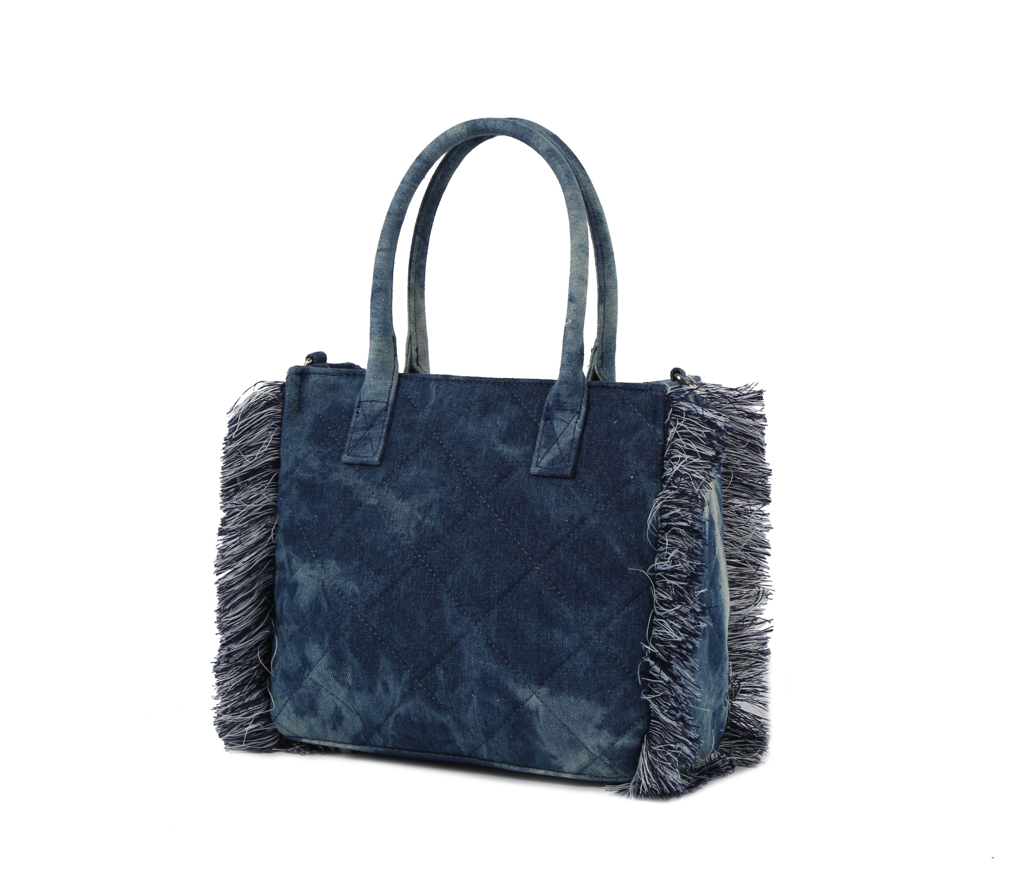 Quilted fringe washed denim tote