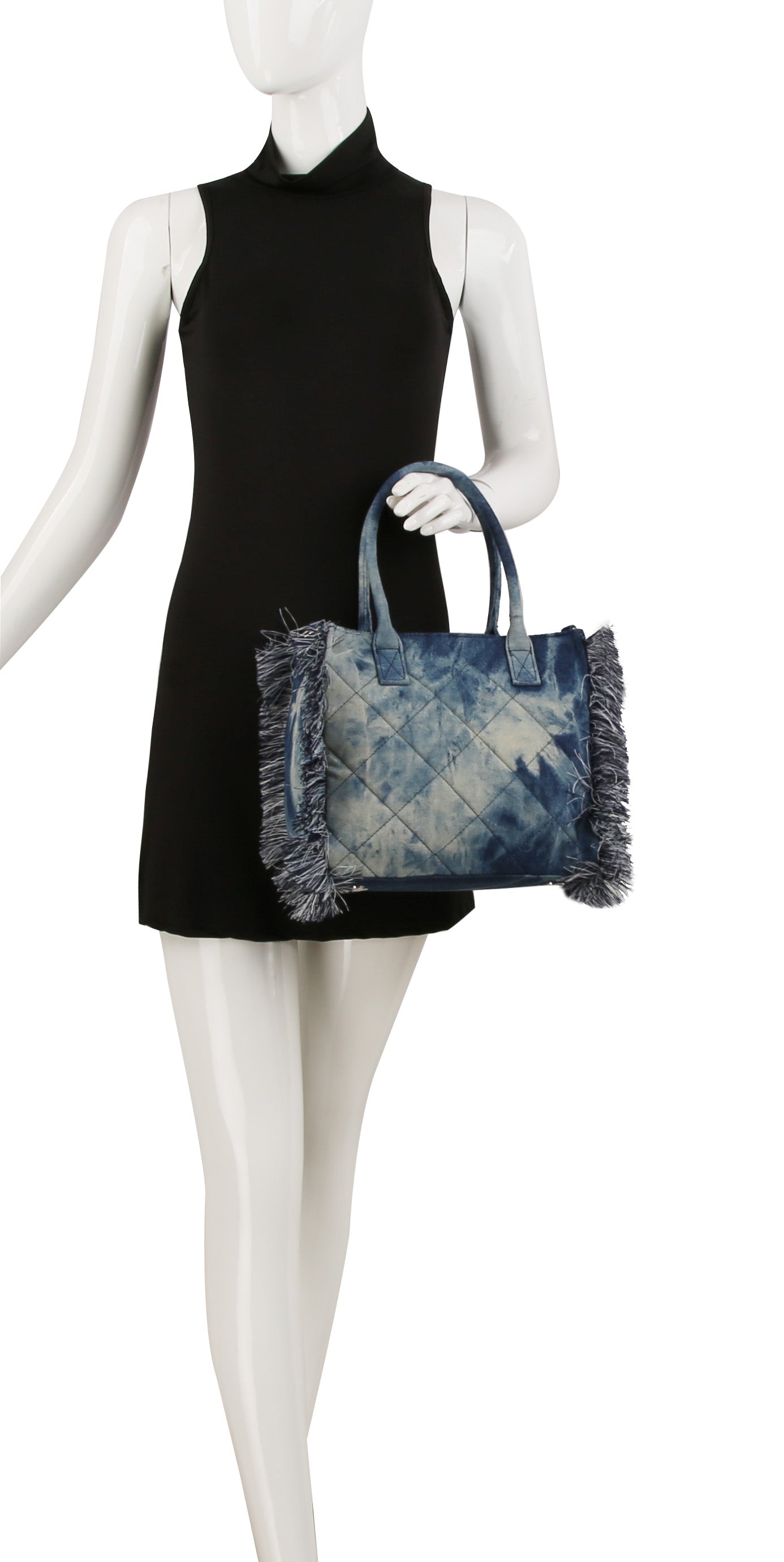 Quilted fringe washed denim tote