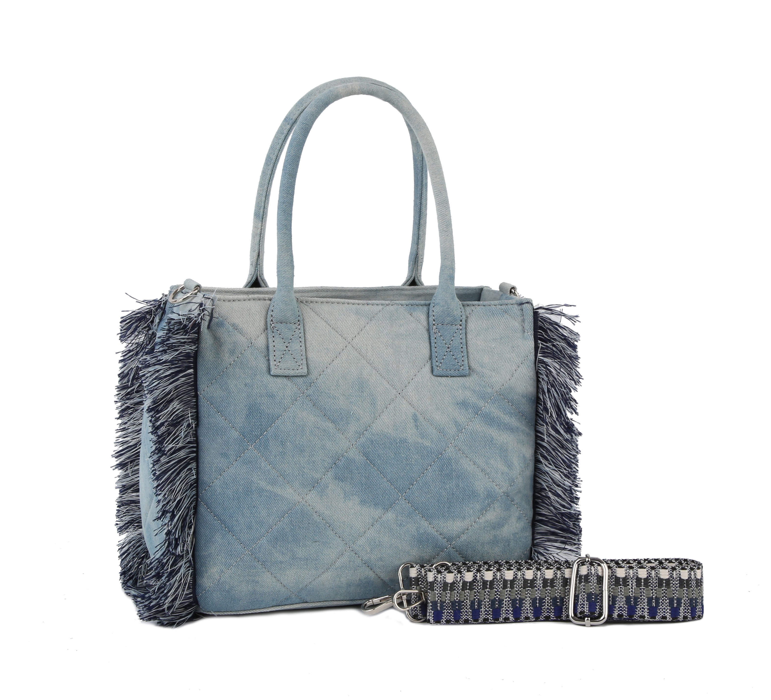 Quilted fringe washed denim tote