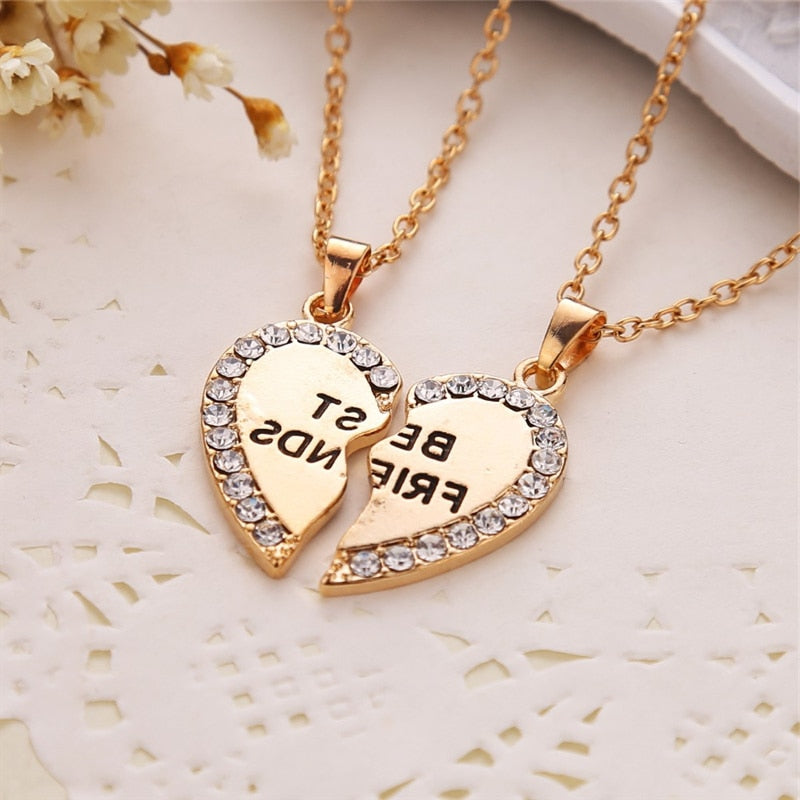 2 Pcs Best  Friend Necklace Crystal Heart Pendant