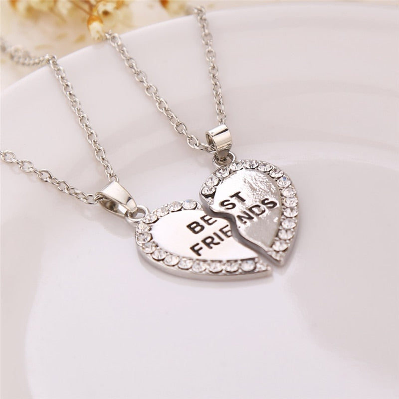 2 Pcs Best  Friend Necklace Crystal Heart Pendant