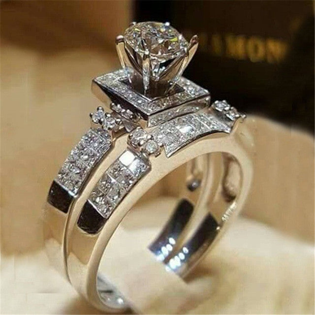 2Pcs Bridal Set Elegant rings for Women Sliver