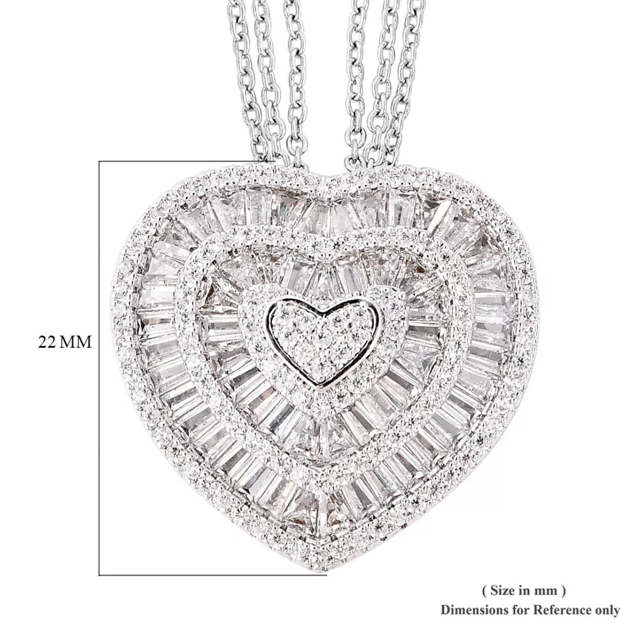 White Cubic Zirconia CZ Triple Strand Valentine Heart Chain Pendant Necklace 20