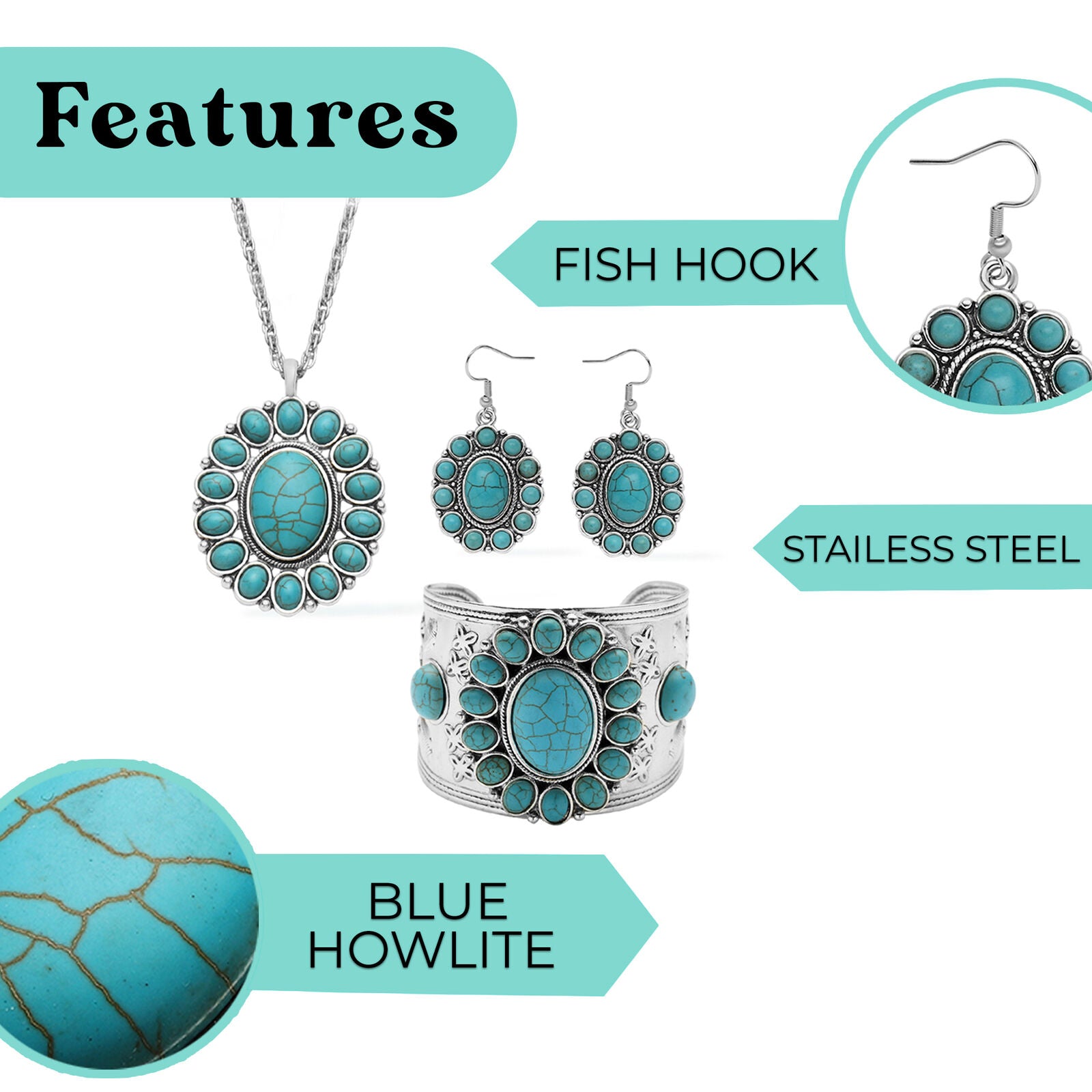 Howlite Jewelry 3Pcs Set Bracelet Earrings Necklace Gifts Stainless Steel 7.5