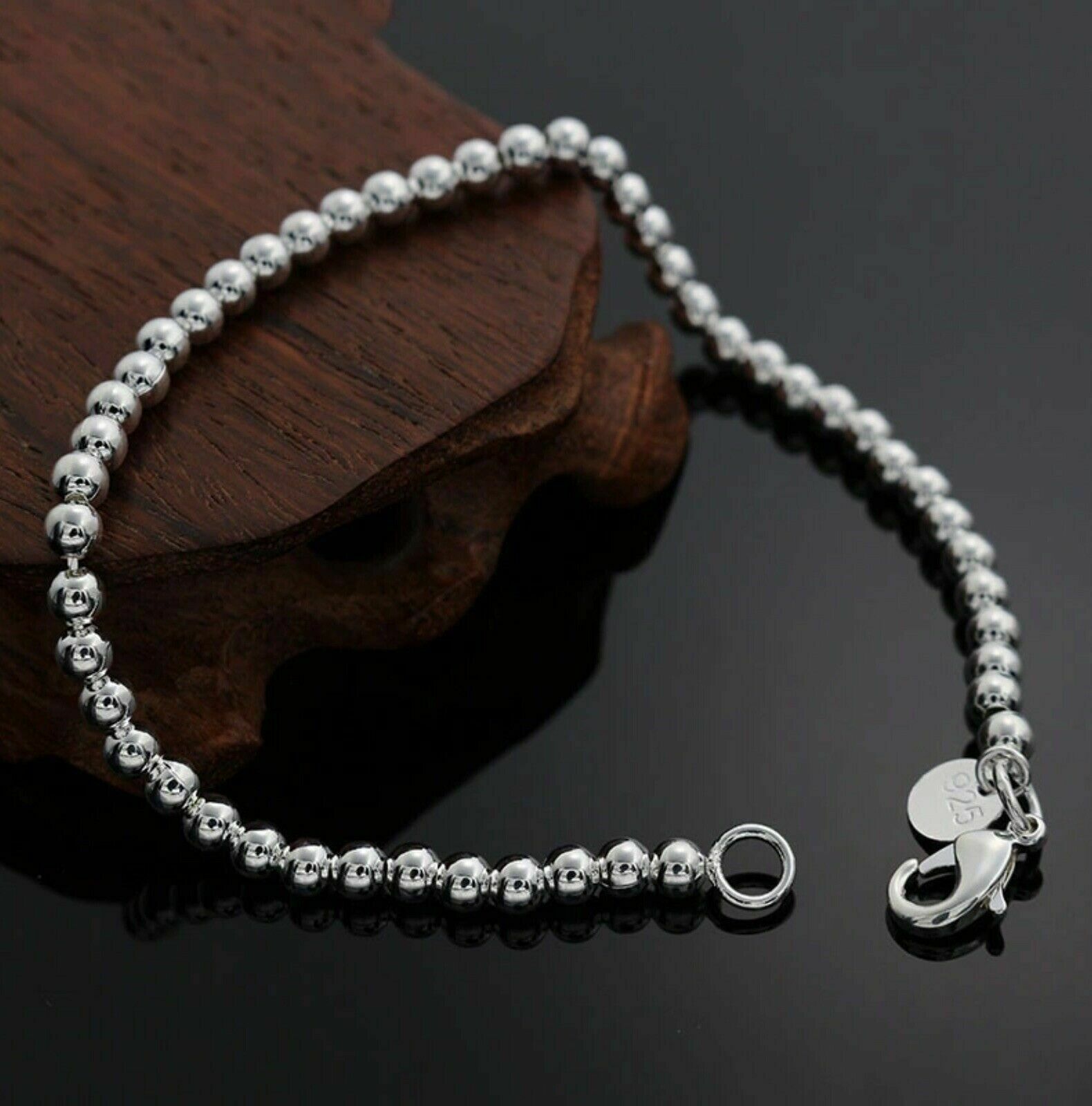 Womens 925 Sterling Silver Love Cuff Bead Ball Open Bangle Charm Bracelet