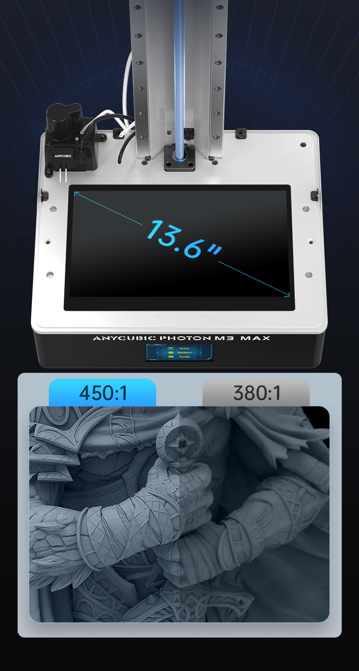 ANYCUBIC Résine Imprimante 3D, Photon M3 Max SLA LCD UV Résine Imprimantes  avec 13.6'' 7K Mono Écran, Remplissage de Résine Intelligente, Grande  Taille d'Impression 3D 11.7'' x 6.5'' x 11.81'' 
