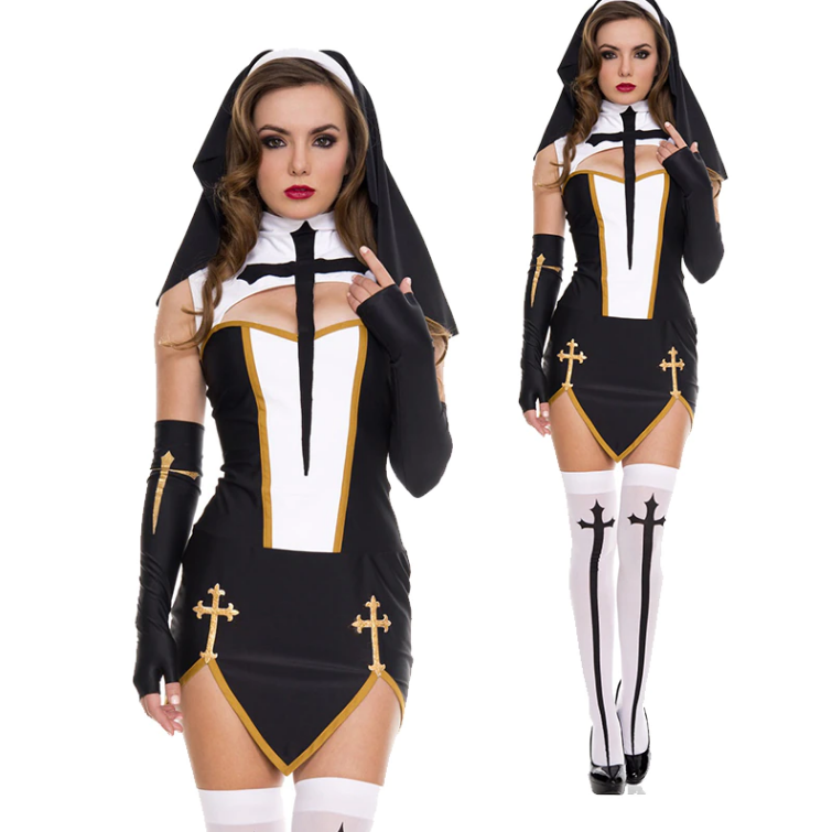 Sexy Nun Costume Superior Halloween Church Religious Convent Cosplay Naughty Nun Costume Black & White