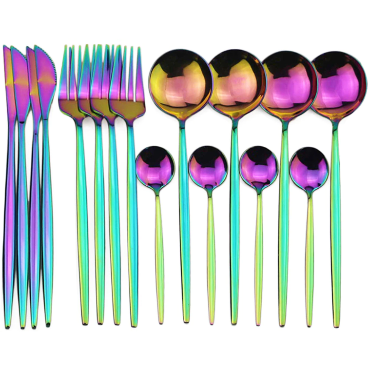 16 PC Colorful & Rainbow Silverware Luxury Gold Box Dinnerware Stainless Steel Flatware Set