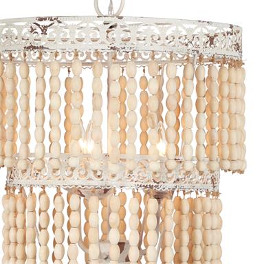 Tiered White Metal & Natural Wood Bead Boho Chandelier