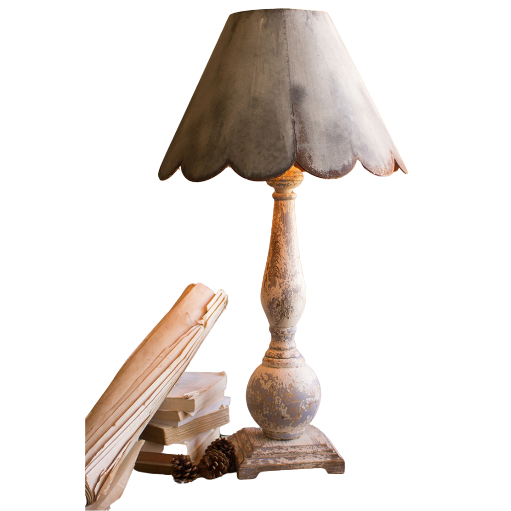 Kalalou CCG1588 Farmhouse Wood Table Lamp With Rustic Scalloped Metal Shade
