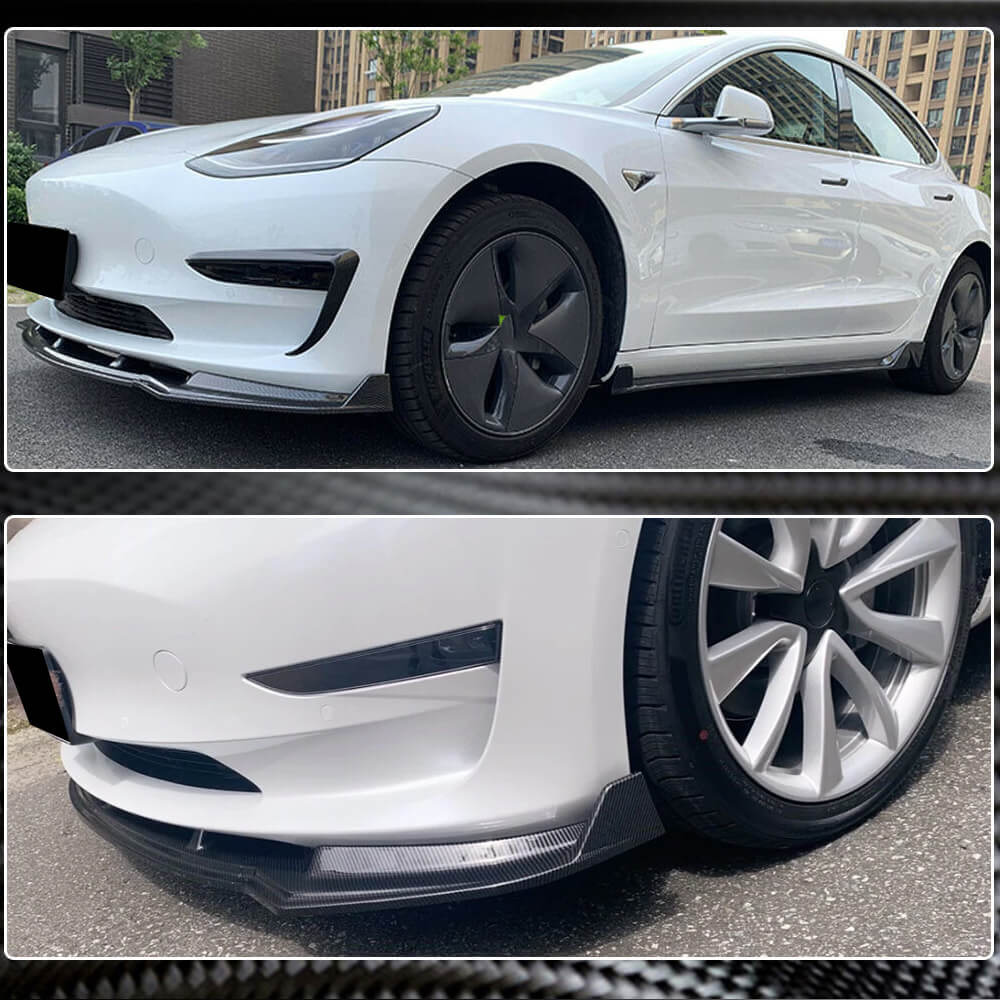 For Tesla Model 3 Carbon Fiber Front Bumper Lip Air Deflector Spoiler Wide Body Kit