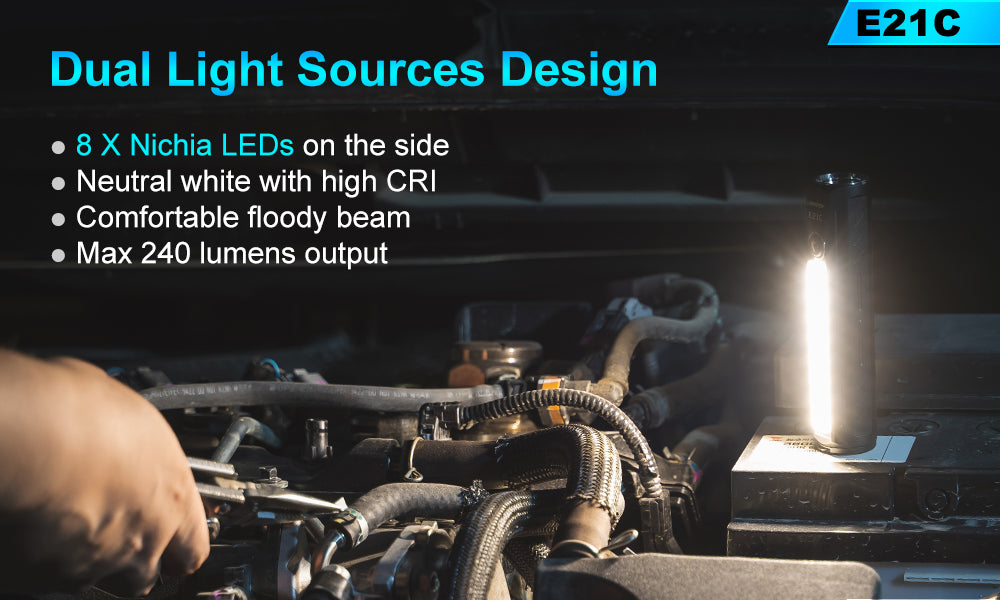 Dual light sources design- 8x Nichia LEDs on the side