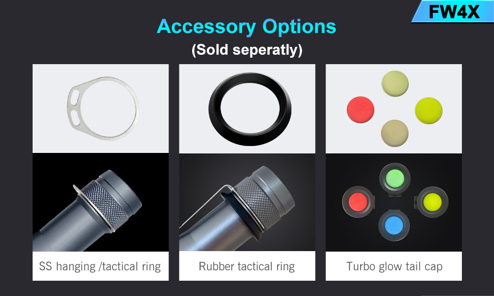 Accessory Options: SS hanging / tactical fing, Turbo glow tail cap