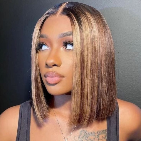 Brown With Strawberry Blonde Highlights Closure Bob Wig