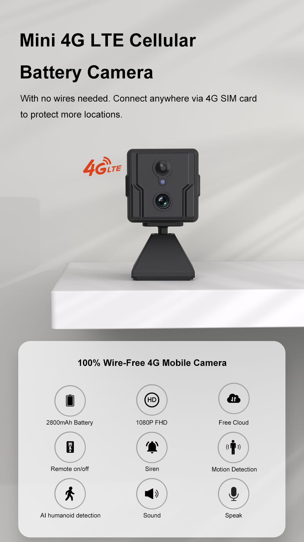 Camsoy T9G6 Smart 4G Camera Wireless Indoor & Outdoor Mini Security Camera Night Vision PIR Motion Detection