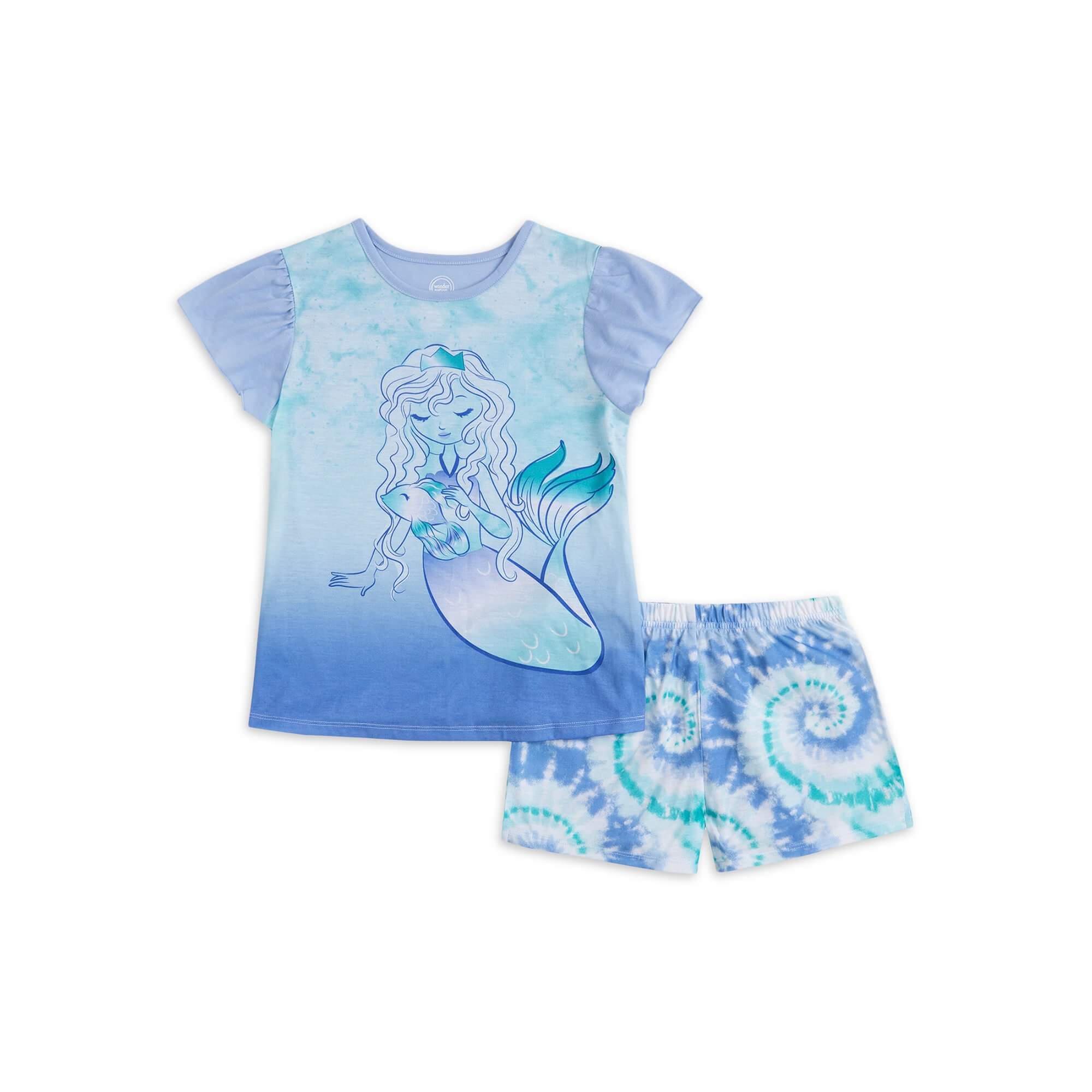 Wonder Nation Girls Blue Short Sleeve and Short Pajamas Set