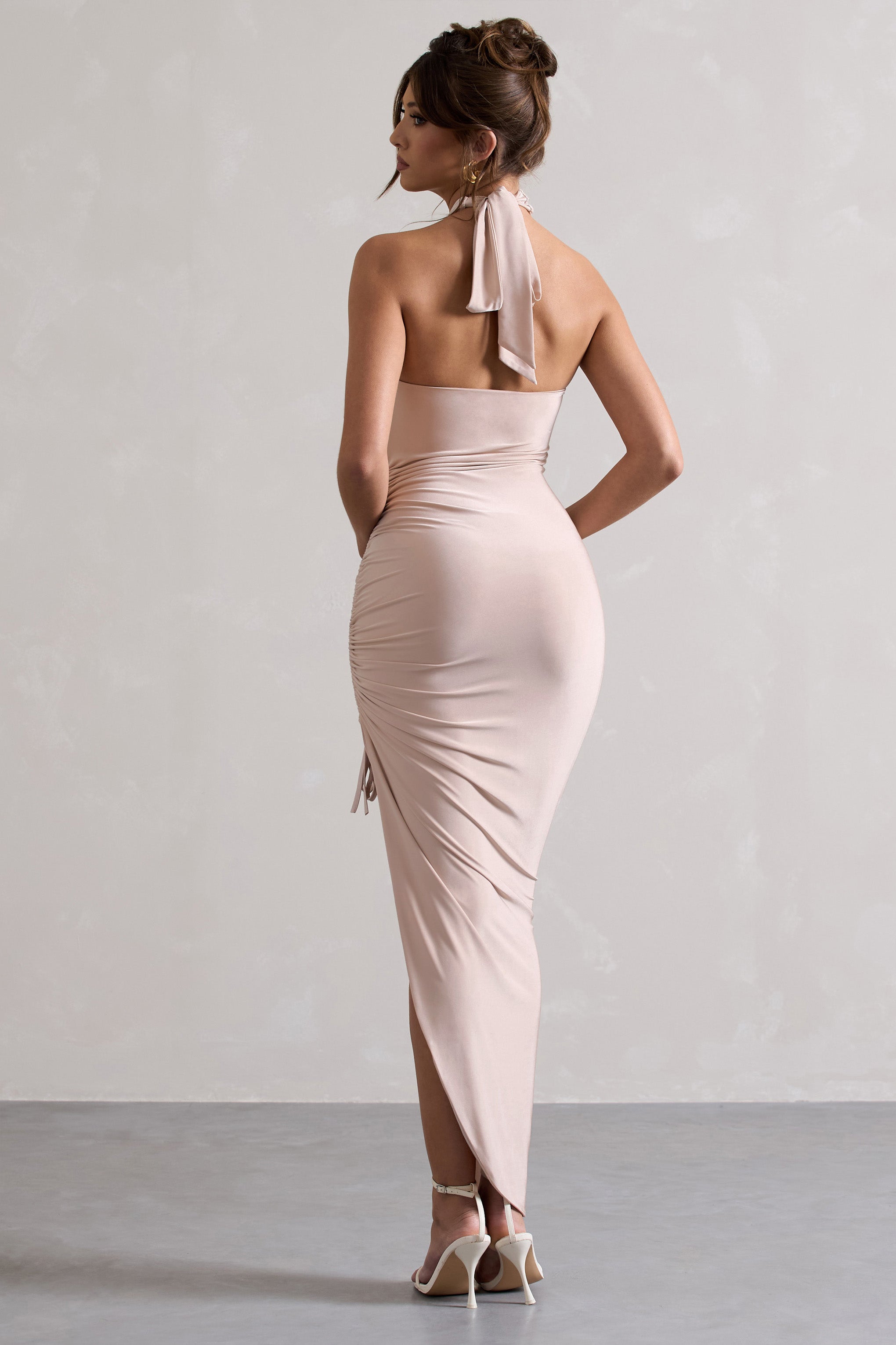 Jaiya | Champagne Ruched Halter-Neck Asymmetric Maxi