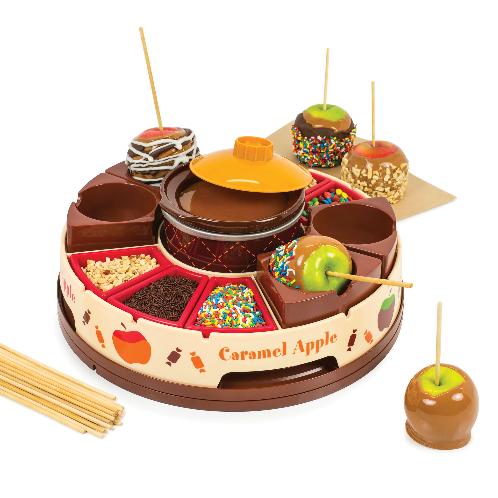 Lazy Susan Chocolate & Caramel Apple Party with Heated Fondue Pot, 25 Sticks, Decorating and Toppings Trays
