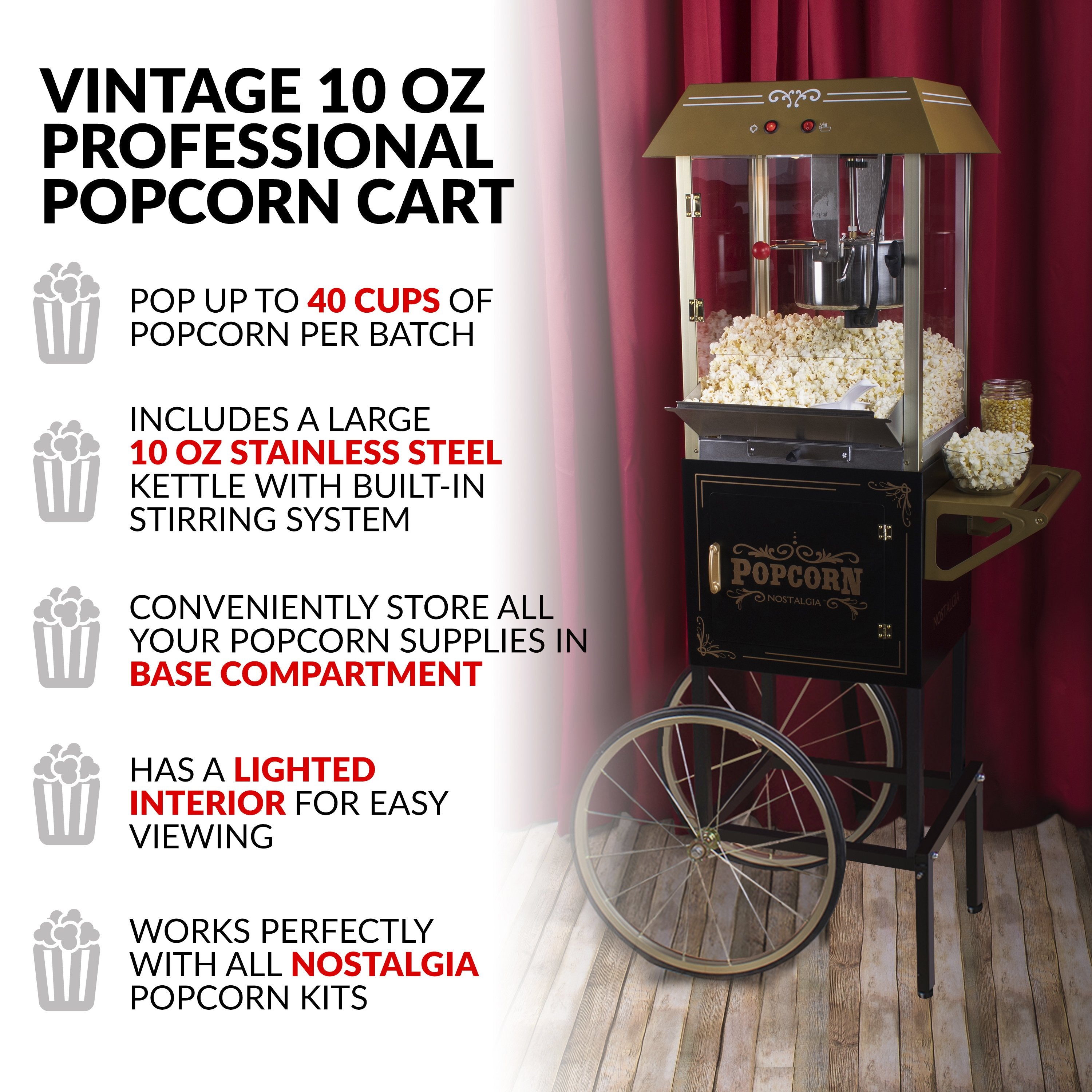 Vintage 10-Ounce Vintage Professional Popcorn Cart - 59 Inches Tall - Black