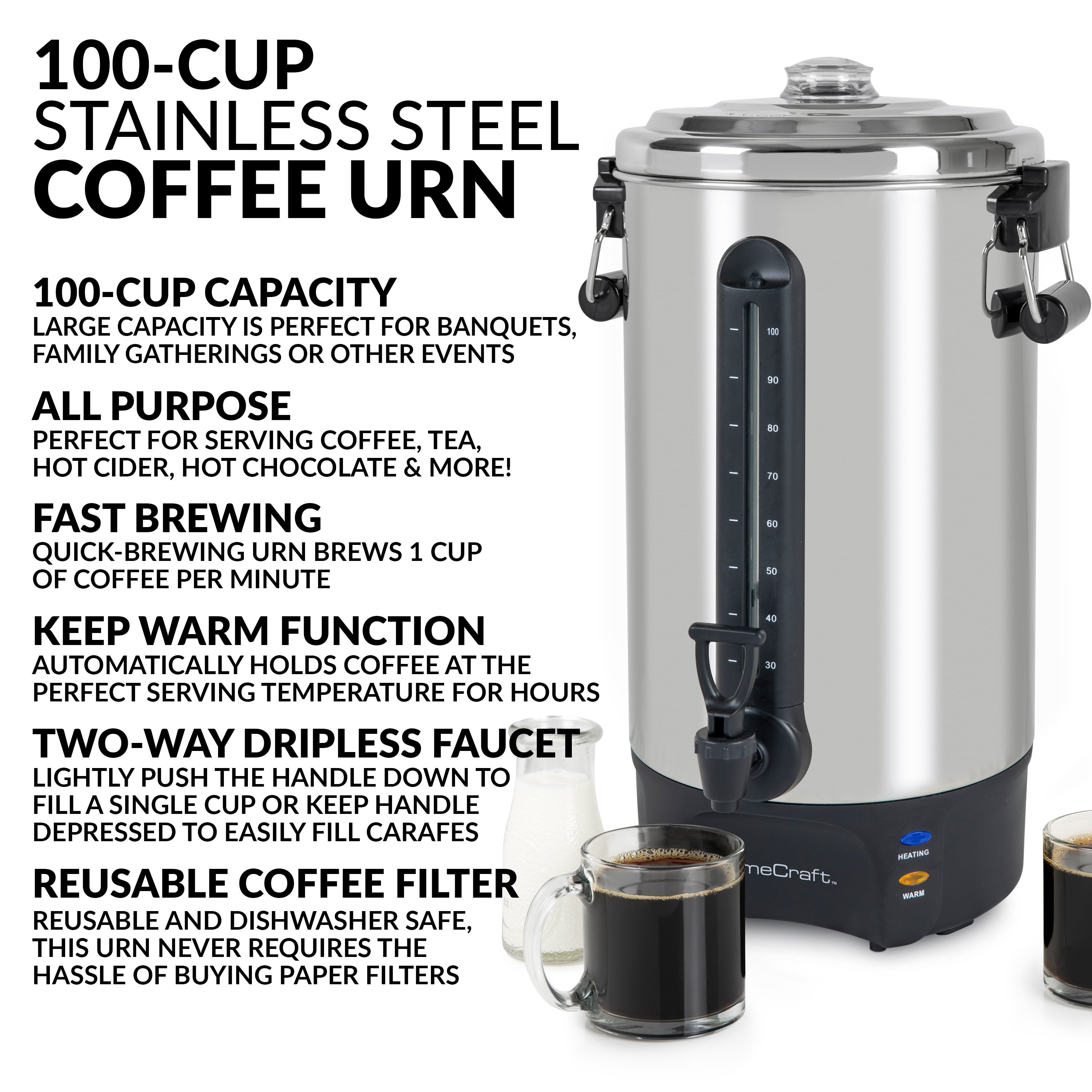 HomeCraft? Quick-Brewing 1500-Watt Automatic 100-Cup Coffee Urn, Stainless Steel