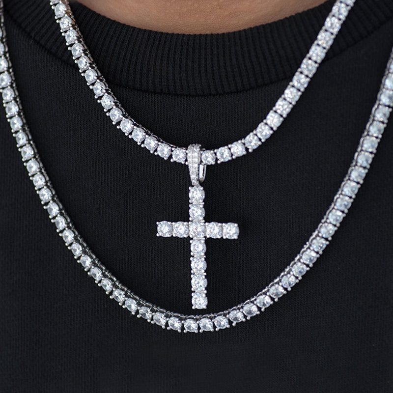 BUNDLE - Round Cut Cross + Two PCS 4mm Tennis Chain in White Gold