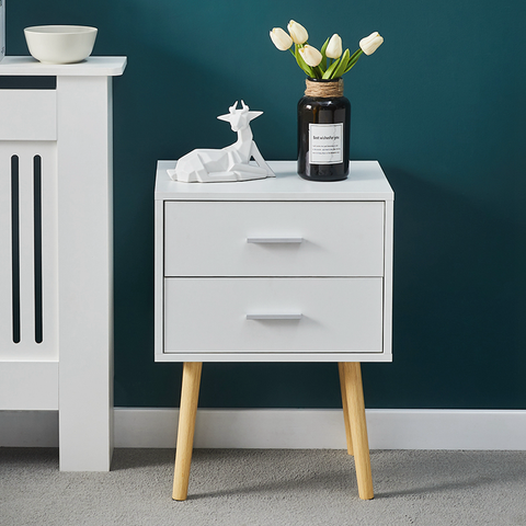 Bedside Table Wooden Bedside Cabinet with 4 Wooden Legs Chest of 2 Drawers Nightstand Side End Table for Living Room Bedroom Furniture (White)
