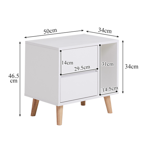 Modern White Wood Bedside Table With 2 Drawers and Open Side Storage Shelf