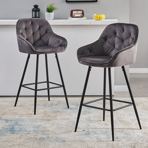 Set of 2 Dark Grey Velvet Barstools,Kitchen Counter Chair With Diamond Tufted