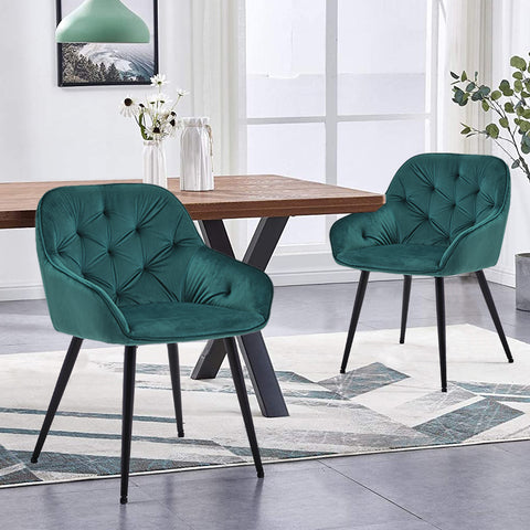 Set of 2 Green Velvet Armchairs,Dining Chairs With Diamond Tufted, Crossed Legs