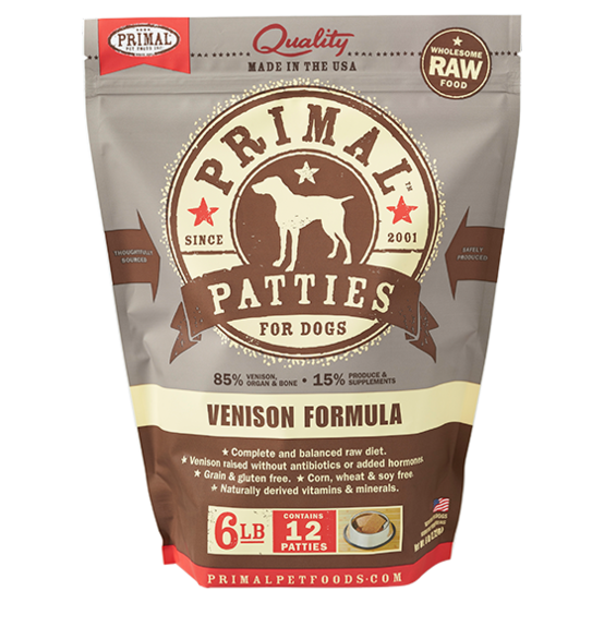 PRIMAL PATTIES 6LB RAW FROZEN CANINE VENISON FORMULA (PICK UP IN STORE ONLY)