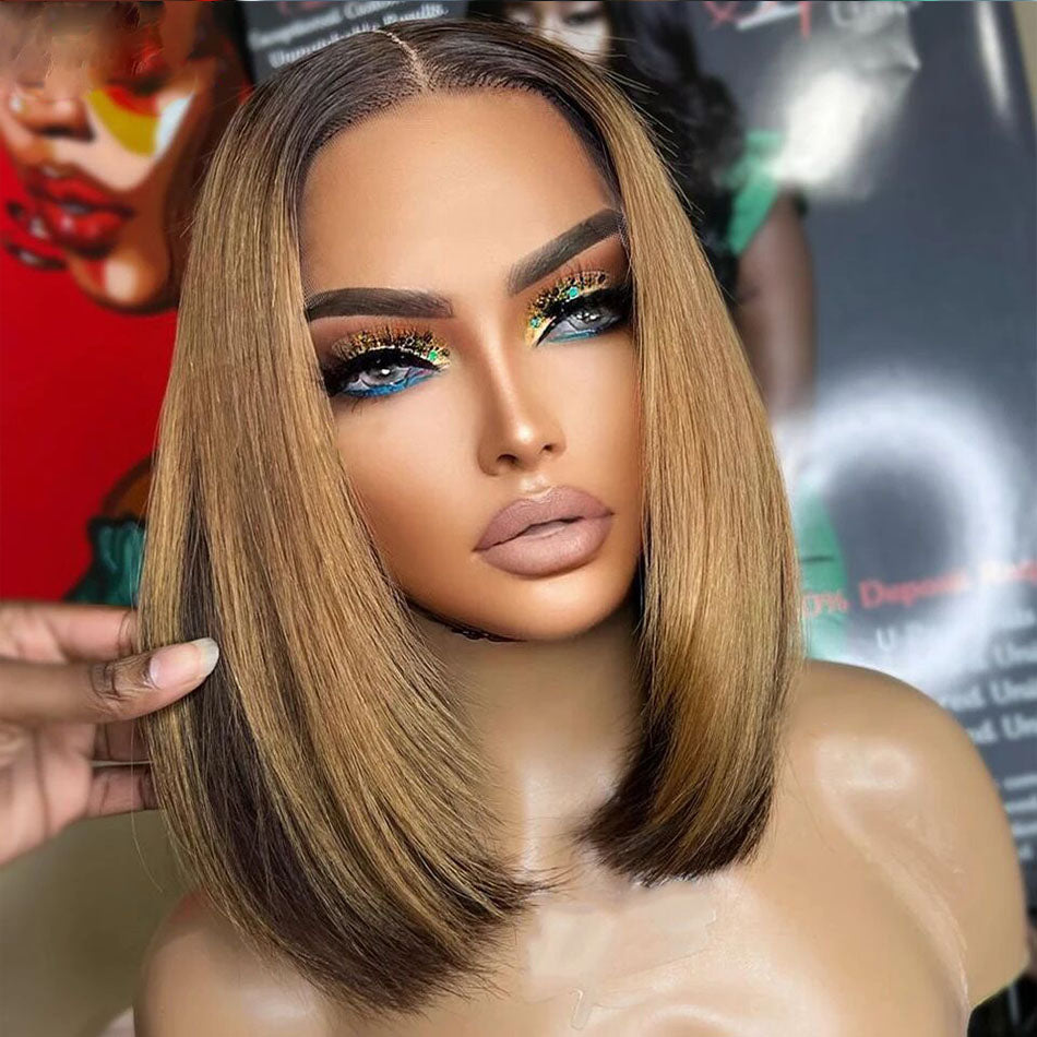 Lumiere Short Bob Brown Blonde Colored Human Hair Straight Wigs 13x4 Transparent Bob Lace Front Wigs For Black Women HDZ