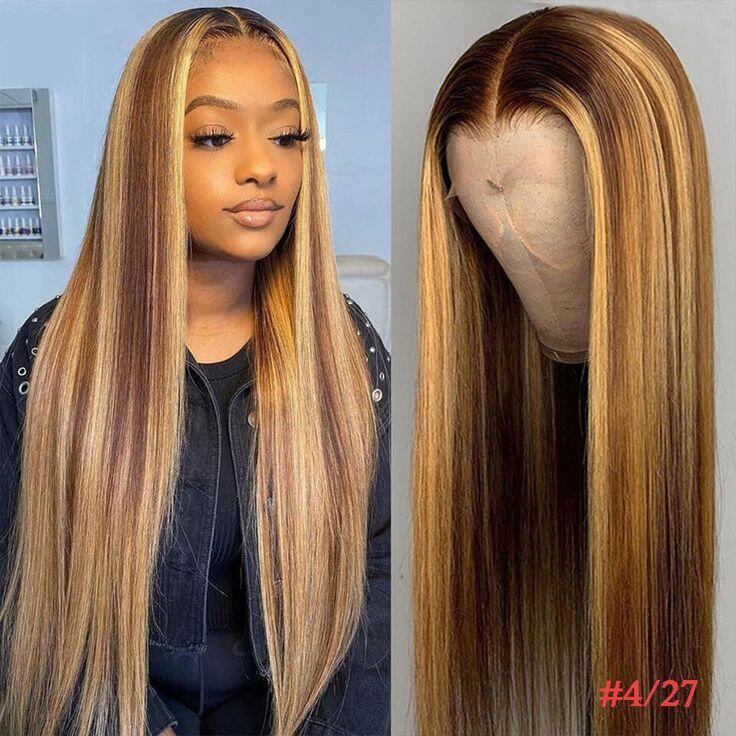 Highlighted Wigs 13x4 Lace Front Wig P4/27 Piano Color Straight Human Hair Wigs with Highlights