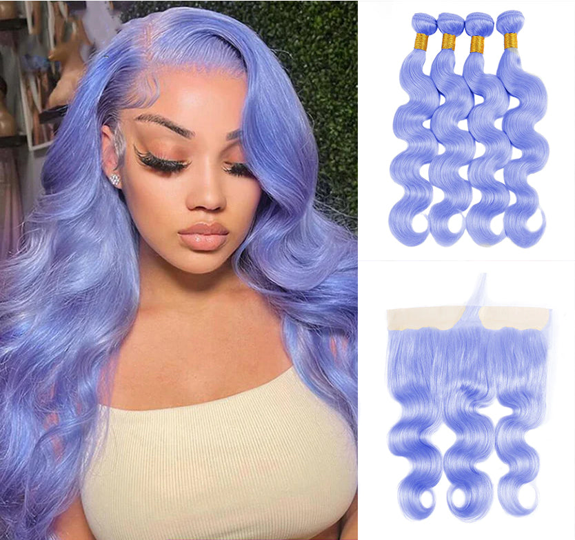 Light Violet Blue  Body Wave 4 Bundles with 13*4 Frontal Human Virgin Hair