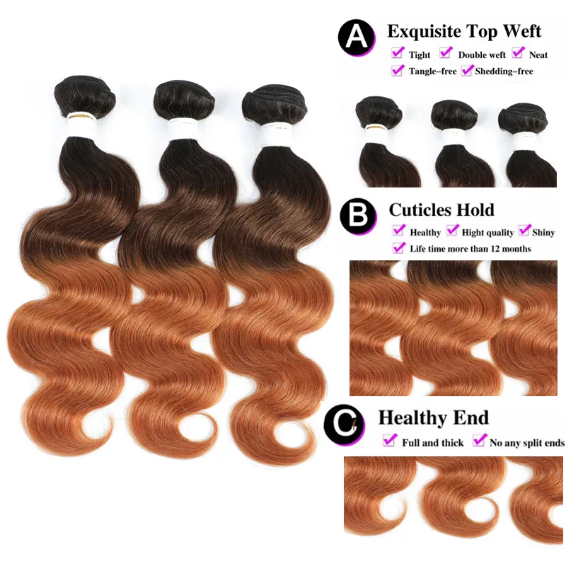 Brazilian Body Wave Human Hair 4 Bundles Ombre Brown 3 Tone 1B/4/30 Colored Human Hair Weave Bundle Virgin Hair