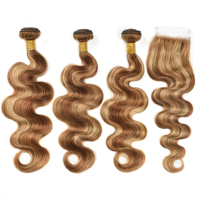 Highlight P4/27 Body Wave 3 Bundles with 4x4 Lace Closure Human Hair