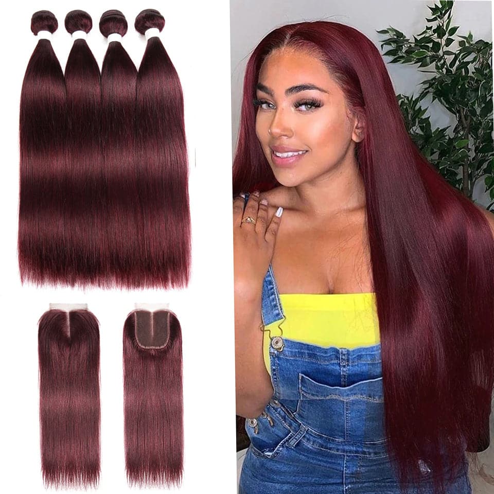 lumiere Red Bundles color 99j Straight Hair 4 Bundles With 4x4 Lace Closure Pre Colored human hair