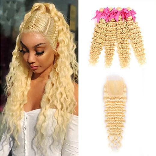 613 Blonde Deep Wave 4 Bundles with 4x4 closure with transparent lace for black women