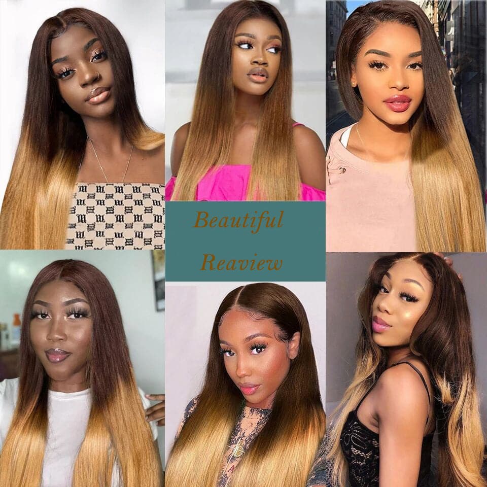 Straight 4X4 13X4 Lace Frontal Wig for Black Women T4/27 Ombre Color Hair