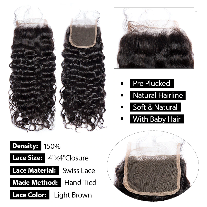 Peruvian Water Wave 4 Bundles With 4x4 Closure 8-40Inch Natural Wave Hair Extension Remy Human Hair