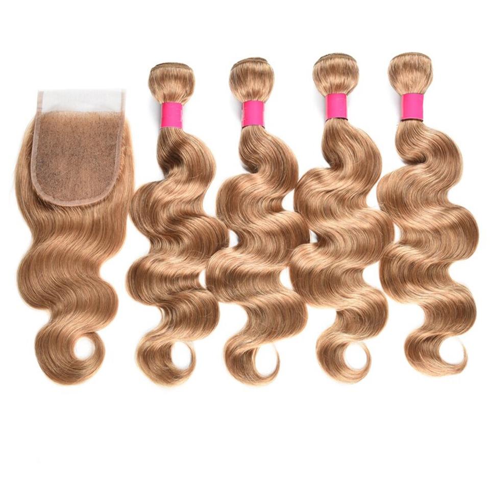 lumiere #27 light Brown Body Wave 4 Bundles With 4x4 Lace Closure Pre Colored human hair