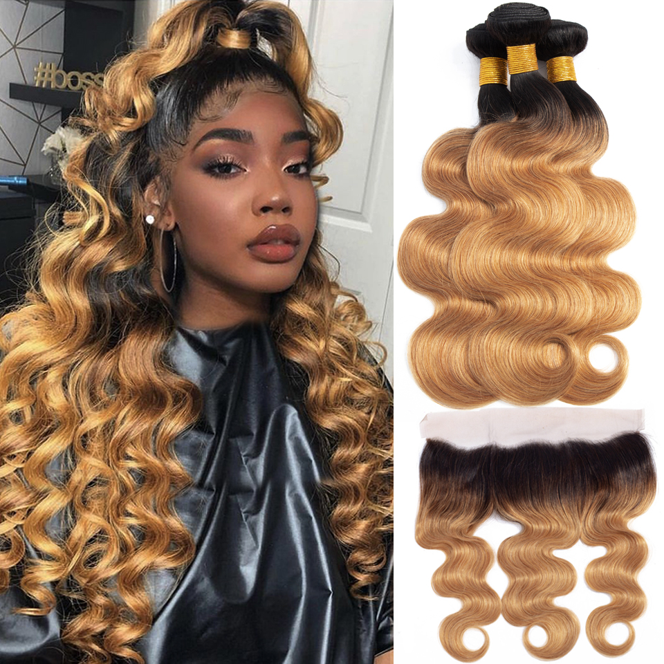 lumiere 1B/27 Ombre Body Wave 3 Bundles With 13x4 Lace Frontal Pre Colored Ear To Ear