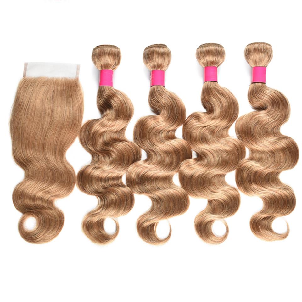 lumiere #27 light Brown Body Wave 4 Bundles With 4x4 Lace Closure Pre Colored human hair