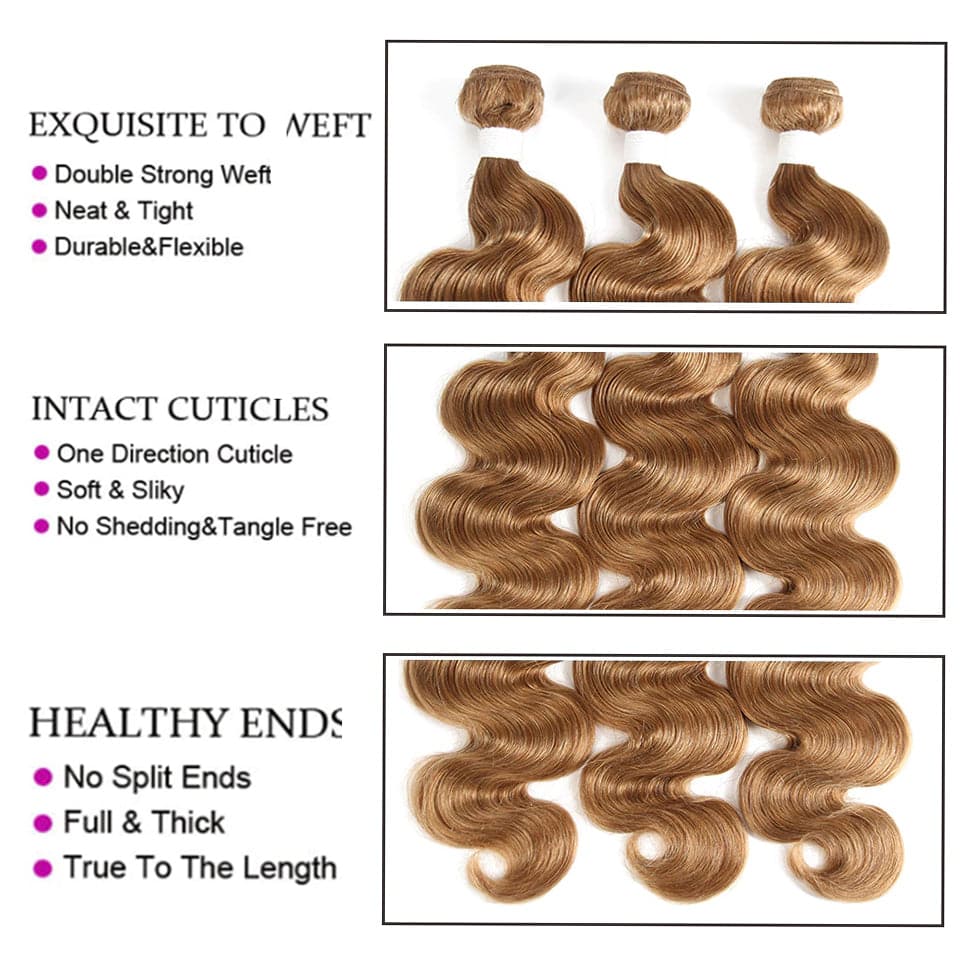 #27 Light Blonde Body Wave 3 Bundles Virgin Human Hair Extension