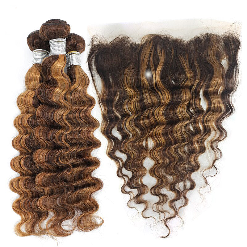 Highlight P4/27 Loose Deep Wave 4 Bundles With 13X4 Frontal Transparent Lace